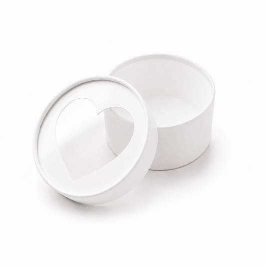 White small 4.7-inch round gift box with heart window lid, shown open